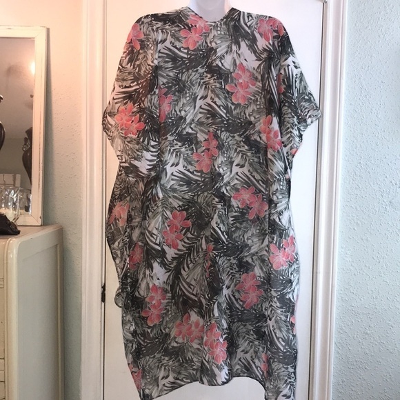 Just Be Tropical Floral Open Front Swim Coverup One Size Palm Leaf - Picture 4 of 9